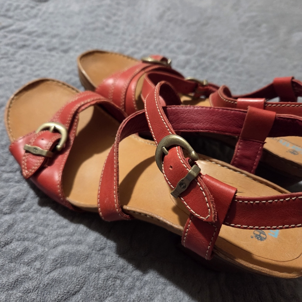 Red Leather Timberland Earth KeepersWomensSandals with Buckle Detail,New,Snazzy!